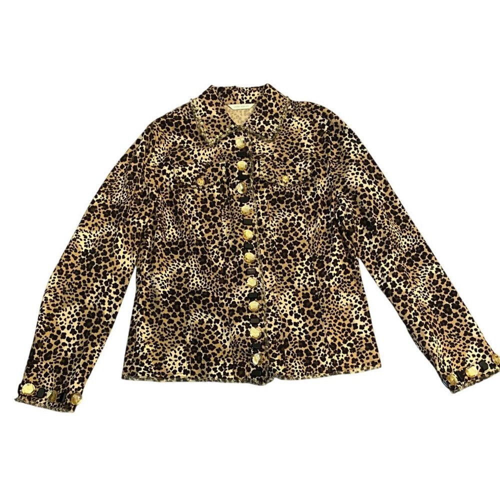 Laura Ashley Leopard Print Jacket Gold Buttons Front Pockets Small